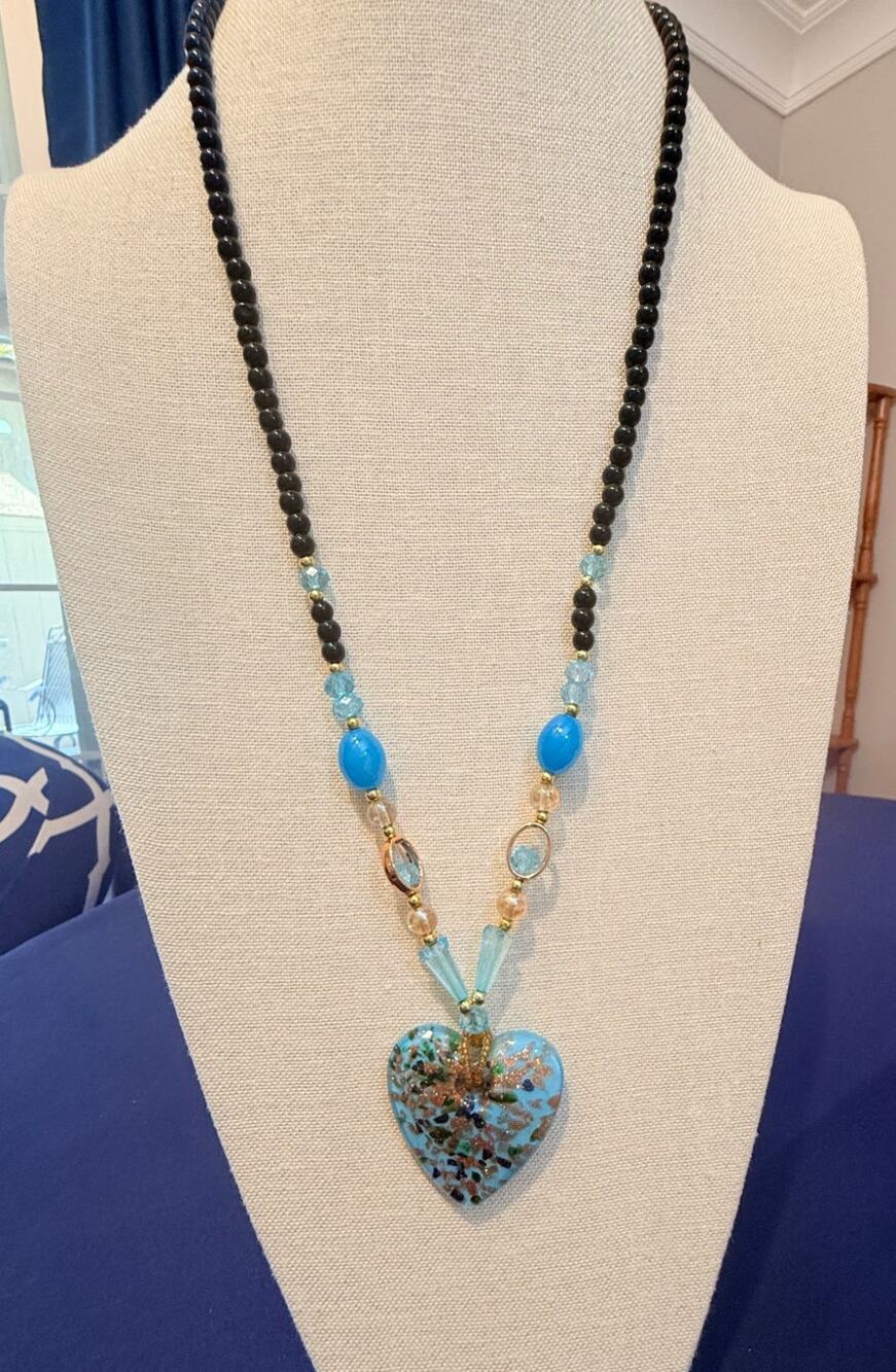 Vintage Blue Art Glass Heart Pendant Necklace 28” Statement Necklace